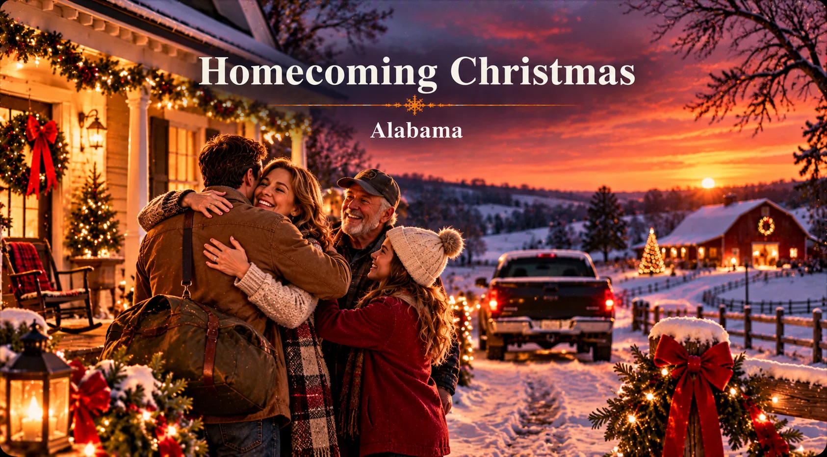 Homecoming Christmas – family warmly reunites outside a decorated farmhouse on a snowy Christmas evening.