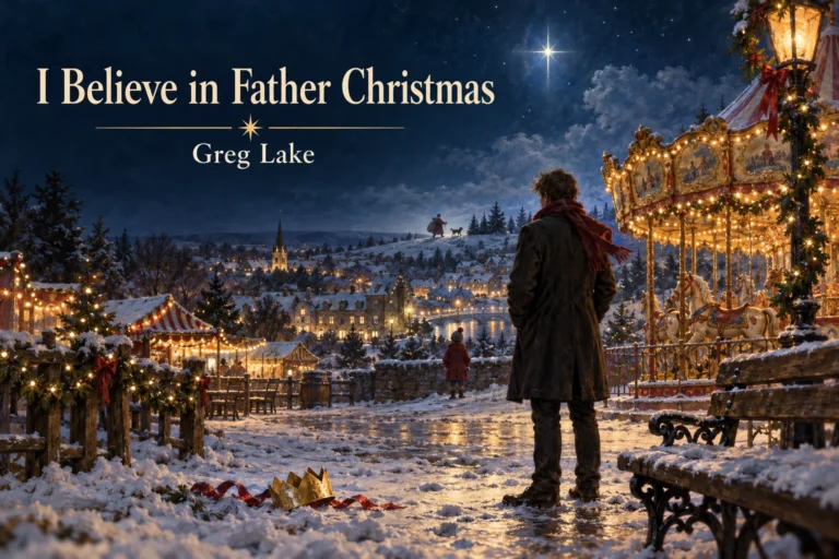 I Believe in Father Christmas – a man reflects beside a silent snowy carousel.