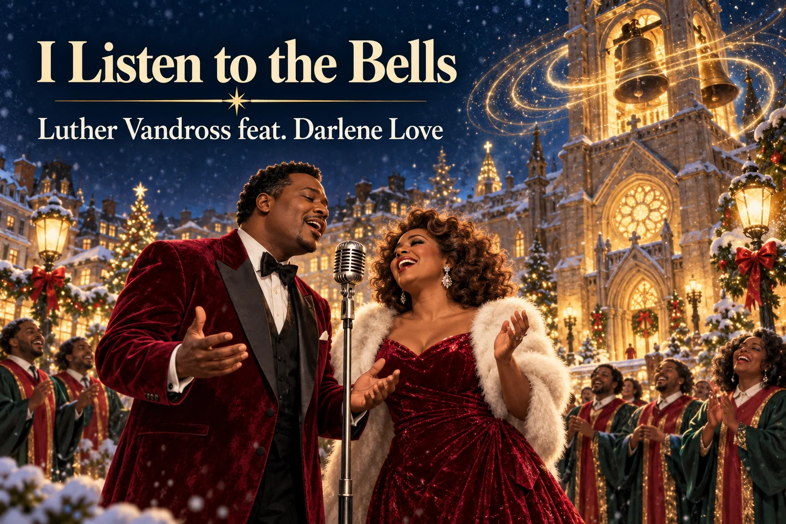 I Listen to the Bells – joyful singers perform beneath glowing Christmas bells.