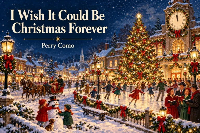 I Wish It Could Be Christmas Forever – families celebrate beside a timeless town clock.