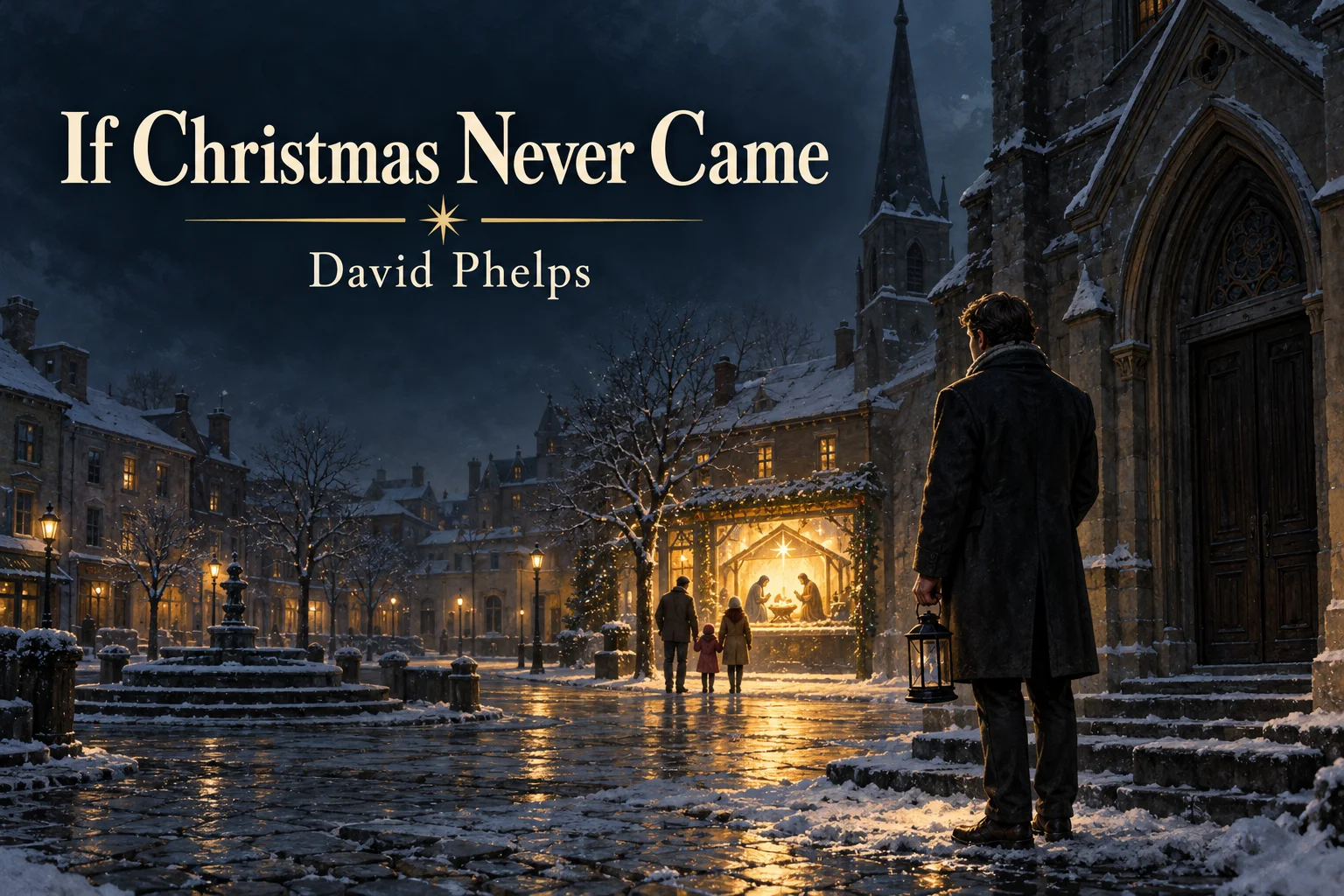 If Christmas Never Came – man watches a glowing Nativity illuminate a dark winter square.