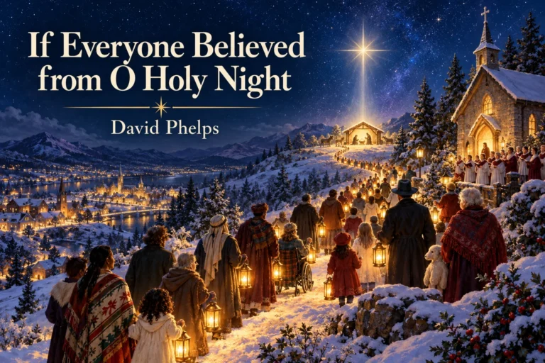 If Everyone Believed from O Holy Night – people carry lanterns toward a radiant hilltop Nativity.