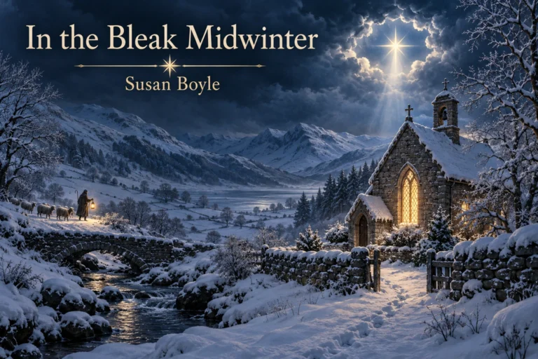 In the Bleak Midwinter: a shepherd approaches a glowing chapel beneath a radiant Christmas star.