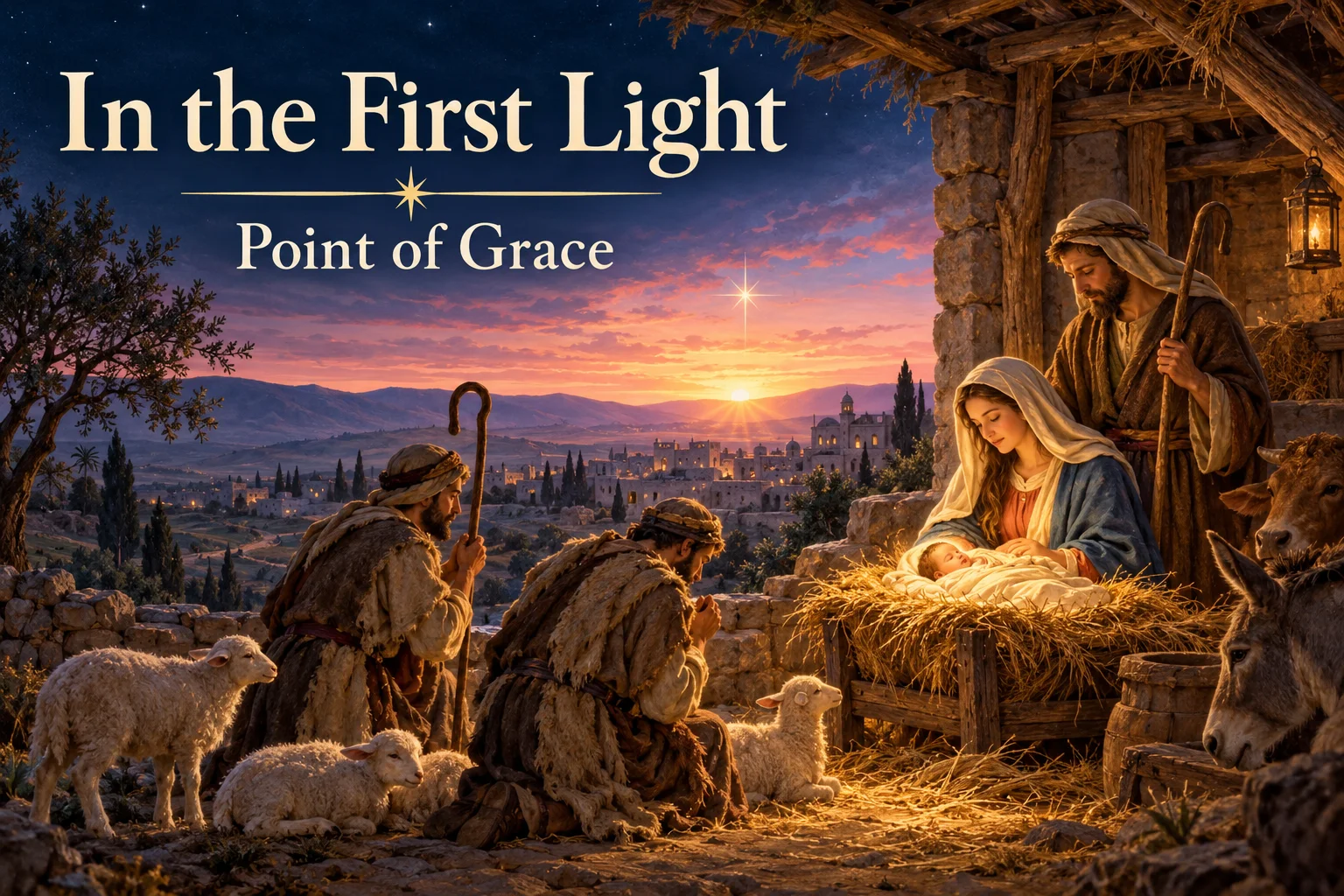 In the First Light – Mary and Joseph watch Jesus as dawn rises over Bethlehem.