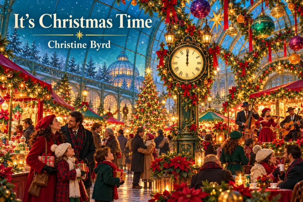 It’s Christmas Time: families celebrate beneath colorful lights in a festive winter market.