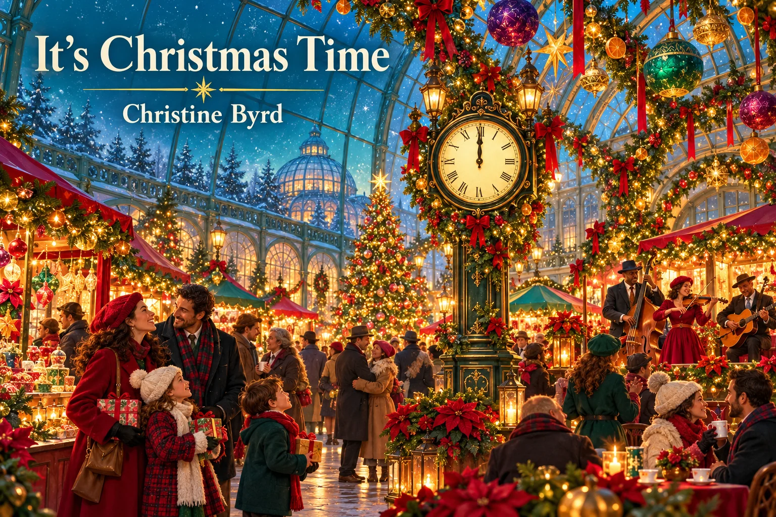 It’s Christmas Time: families celebrate beneath colorful lights in a festive winter market.