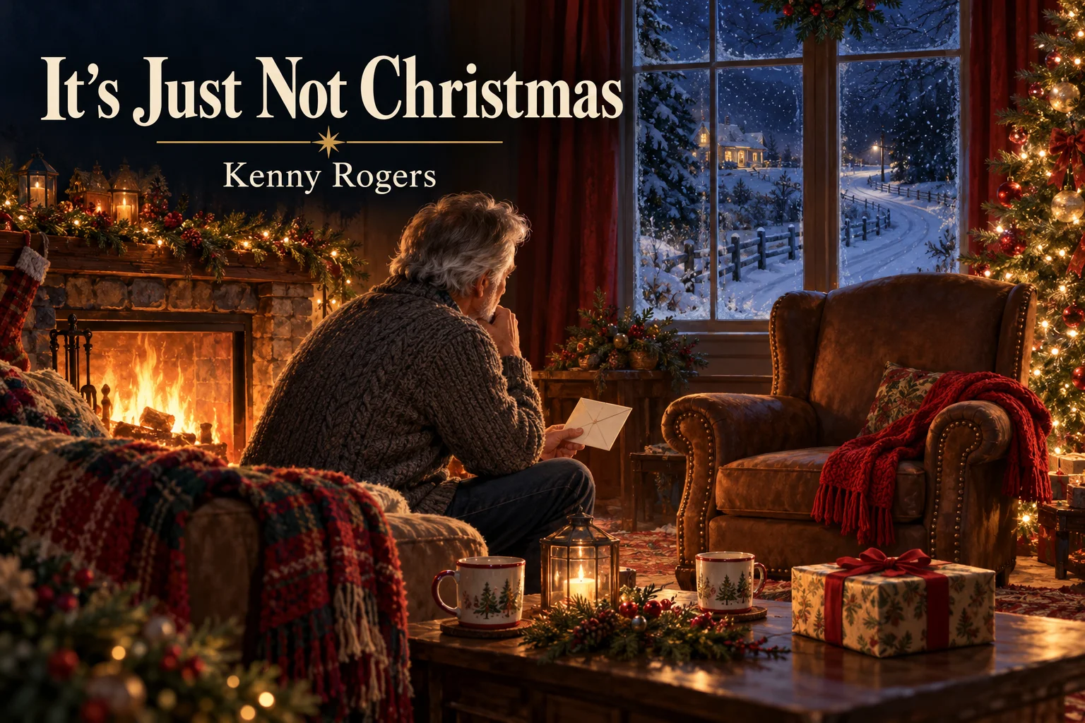 It’s Just Not Christmas – man holds a letter beside an empty chair and unopened gift.