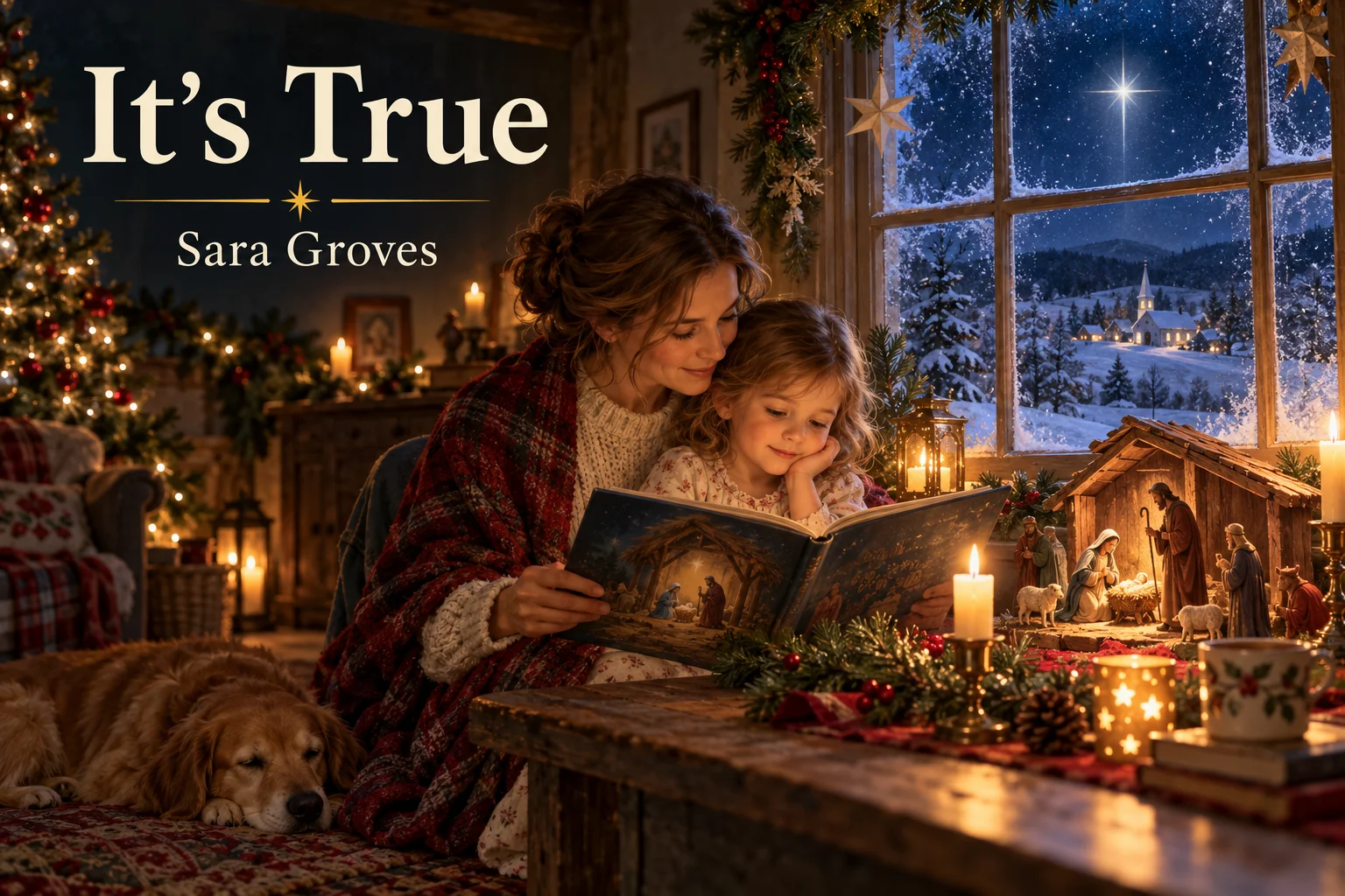 It’s True – a mother and child read the Nativity story beside a glowing Christmas tree.