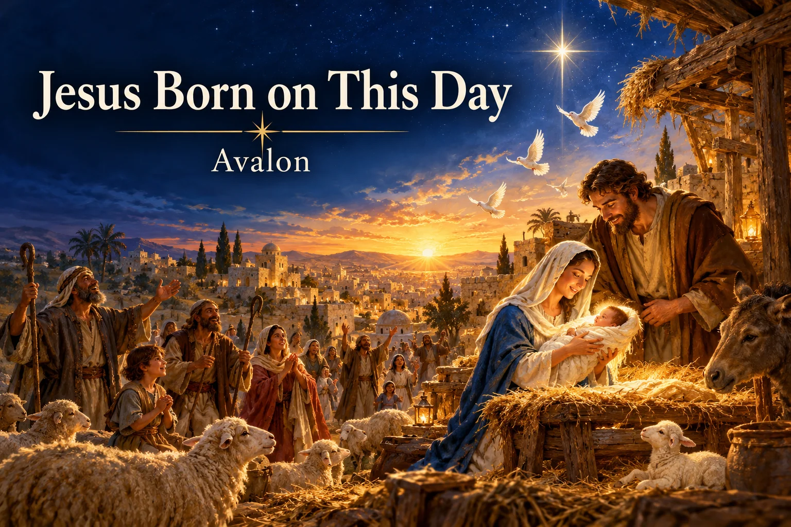 Jesus Born on This Day – Mary holds newborn Jesus as Bethlehem celebrates at dawn.