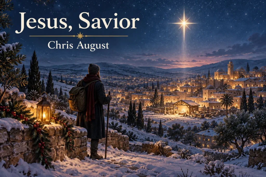 Jesus, Savior: a traveler follows the Christmas star toward a glowing Bethlehem.