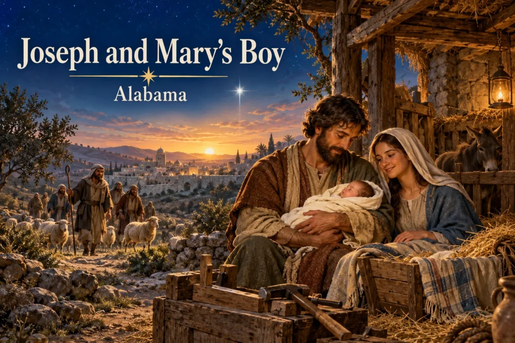 Joseph and Mary's Boy – Joseph holds Jesus beside Mary as shepherds approach Bethlehem.