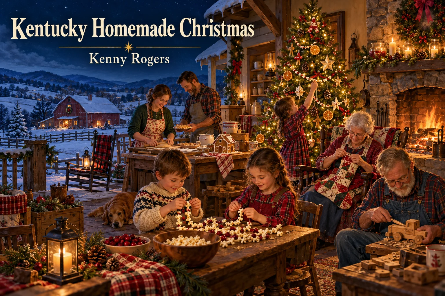 Kentucky Homemade Christmas: family creates handmade decorations in a cozy country farmhouse.