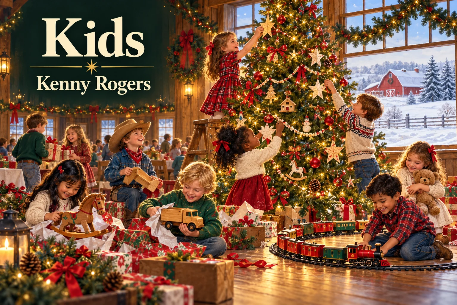 Kids – children decorate a Christmas tree and open toys in a snowy country hall.