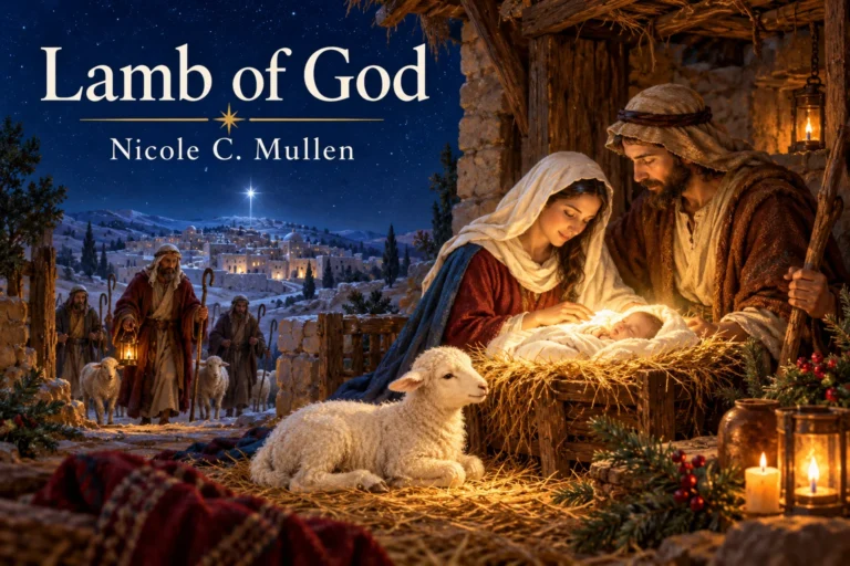 Lamb of God: a gentle lamb rests beside Jesus in the glowing Nativity.