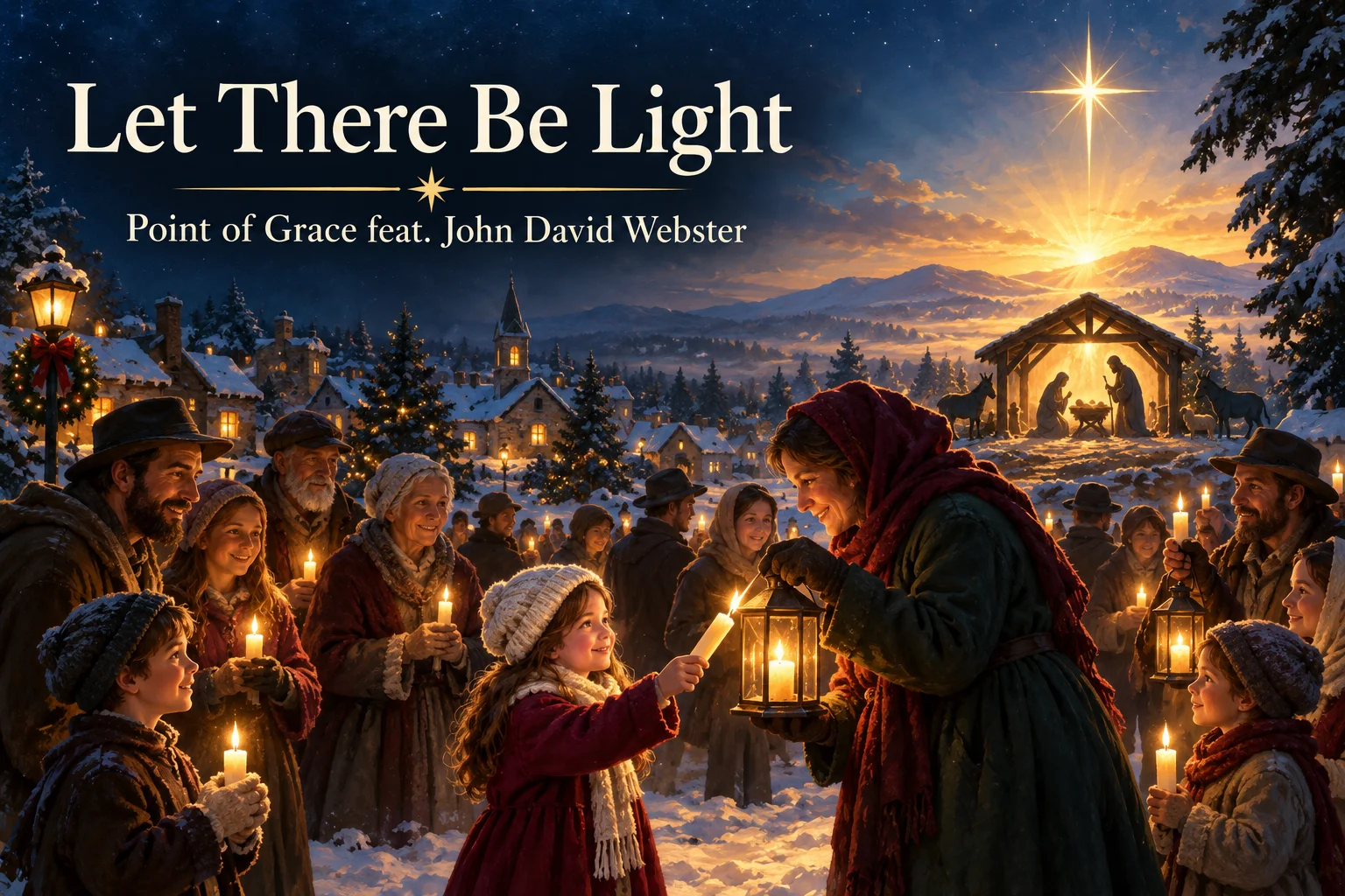 Let There Be Light – child shares candlelight as dawn brightens a snowy Christmas village.