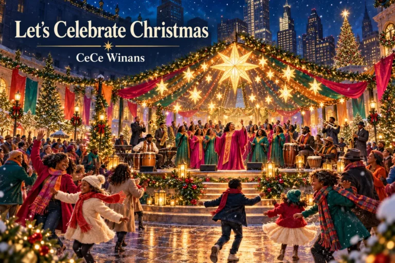 Let’s Celebrate Christmas: choir, musicians, and families rejoice beneath glowing stars in a city plaza.