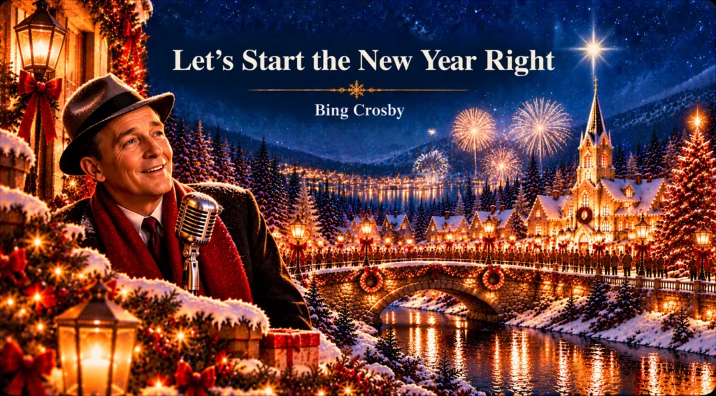 Let's Start the New Year Right – singer celebrates amid fireworks in a glowing Christmas village.
