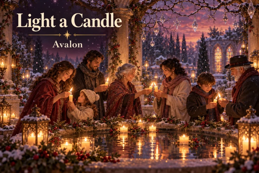 Light a Candle: families share candlelight around a reflective pool in a snowy garden.