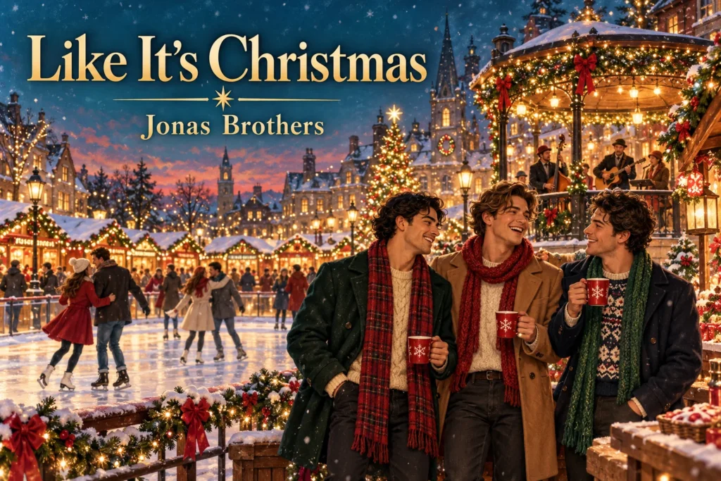 Like It’s Christmas: three friends enjoy hot cocoa at a festive market and ice rink.