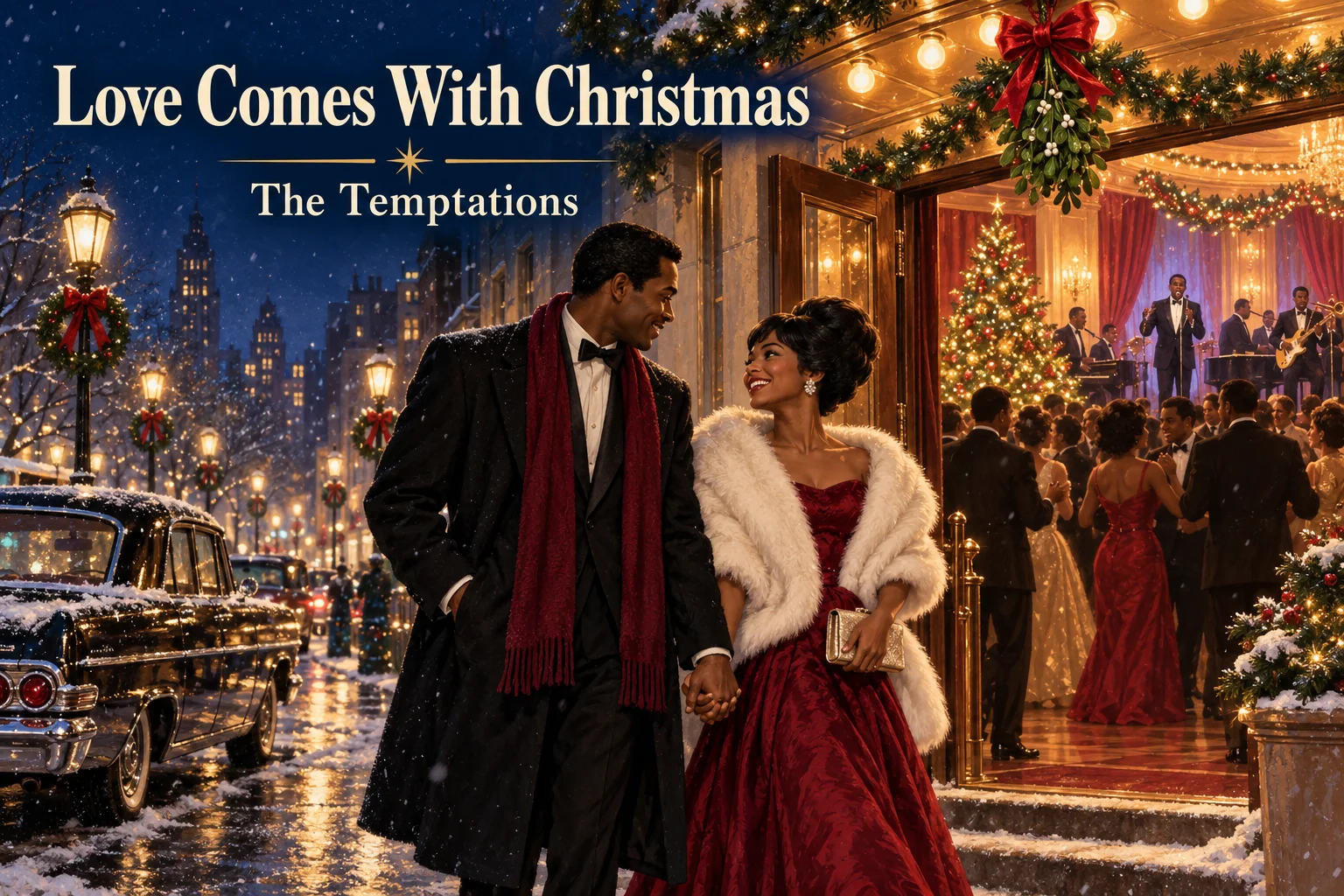Love Comes With Christmas – a stylish couple reunites outside a glowing holiday ballroom.