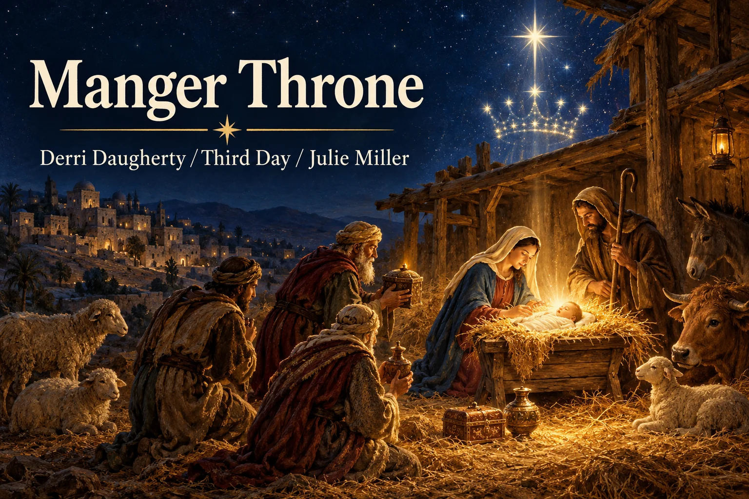 Manger Throne – newborn Jesus glows beneath a crown of stars in Bethlehem.