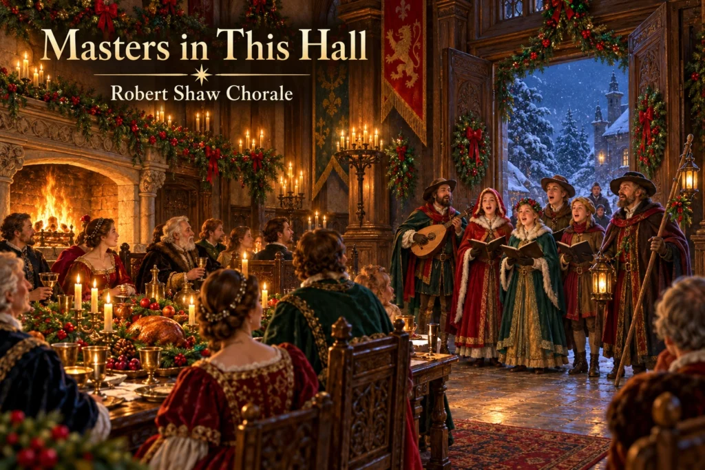 Masters in This Hall: medieval carolers sing beside a candlelit Christmas feast in a manor.