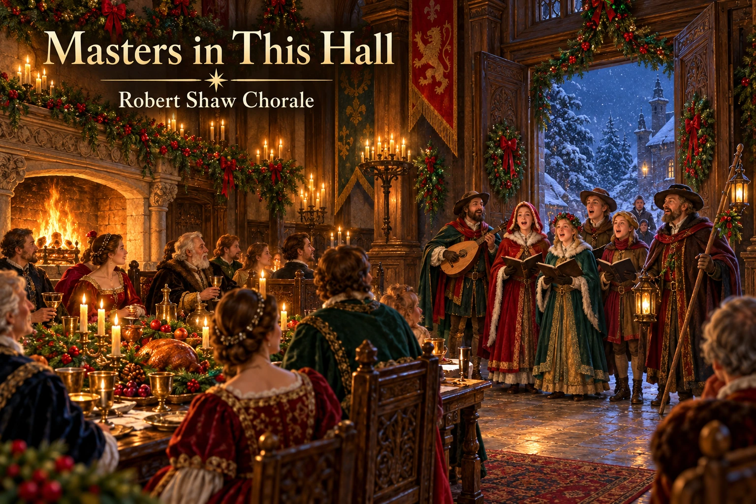 Masters in This Hall: medieval carolers sing beside a candlelit Christmas feast in a manor.