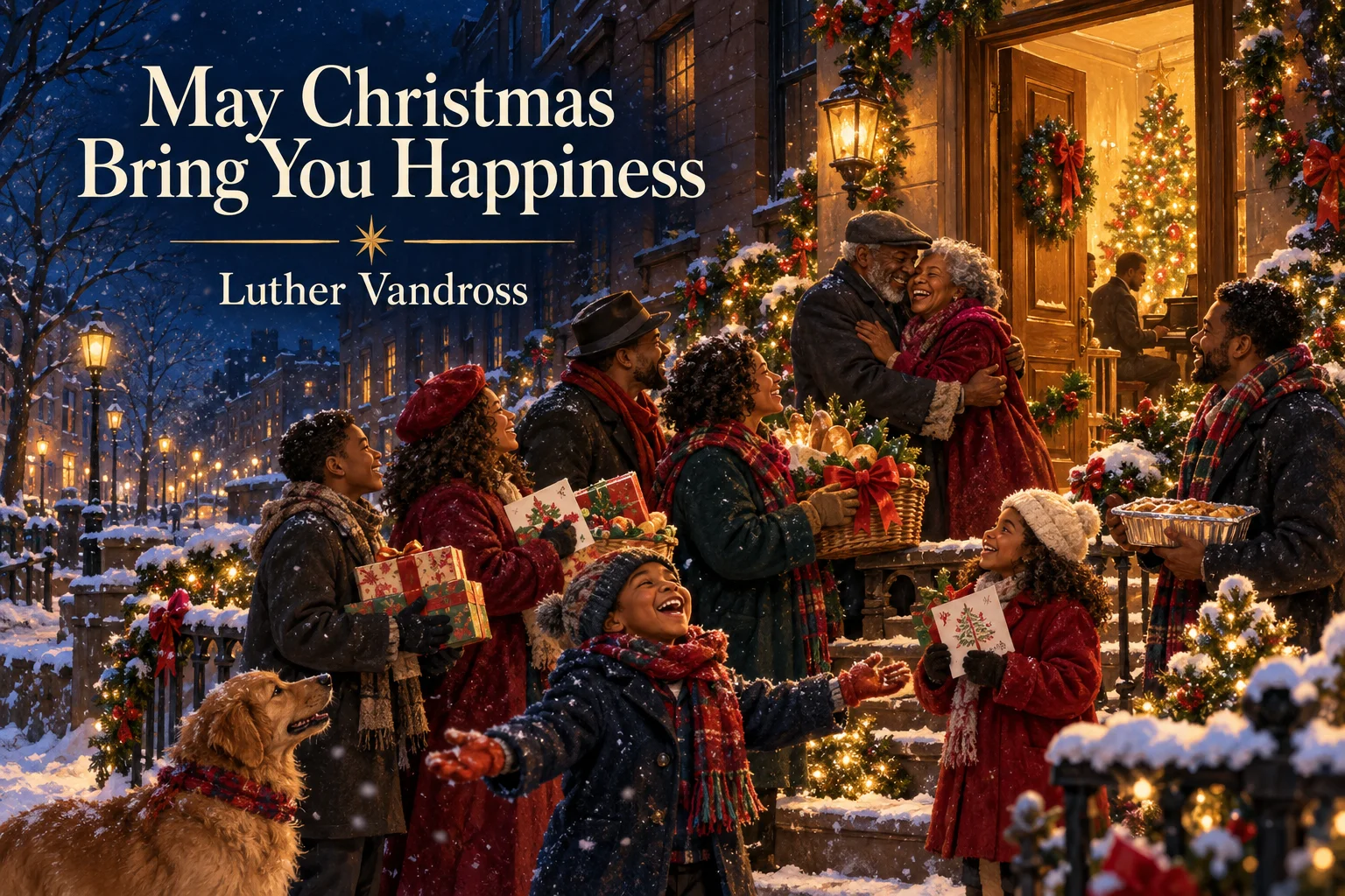 May Christmas Bring You Happiness – neighbors share gifts and embraces on a snowy brownstone stoop.