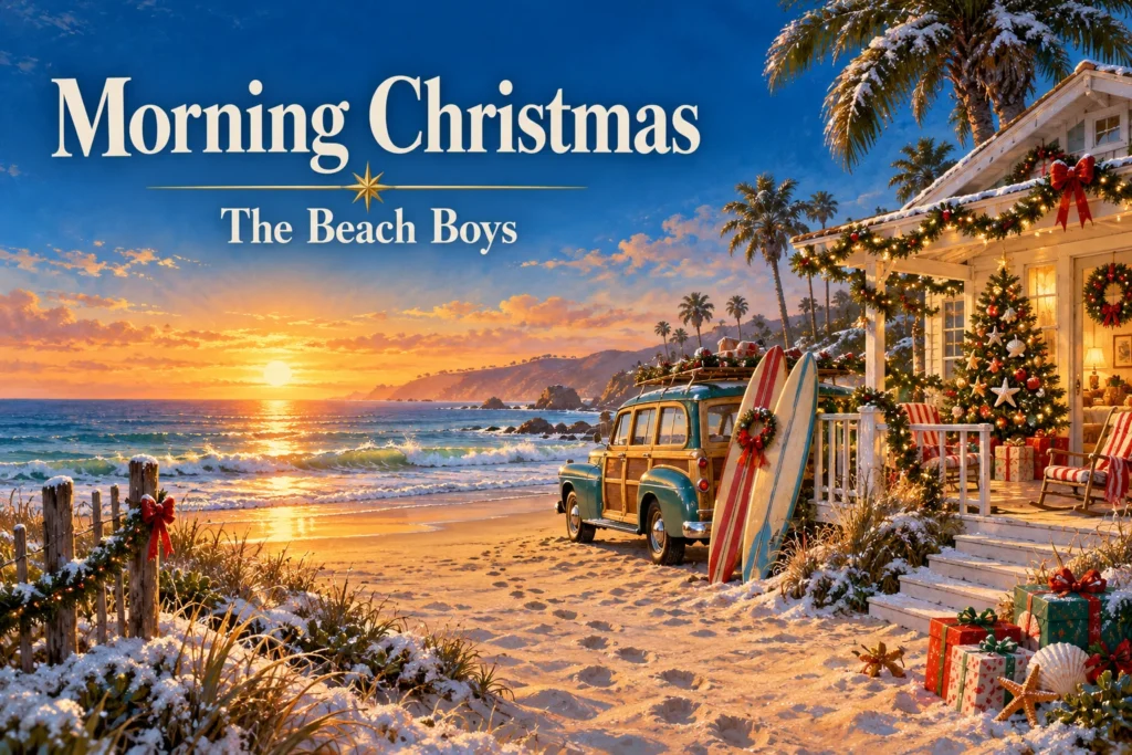 Morning Christmas – sunrise illuminates a festive beach cottage, surfboards, palm trees, and sparkling snow.