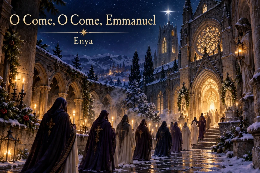 O Come, O Come, Emmanuel: candlelit Advent procession enters a cathedral beneath the Christmas star.