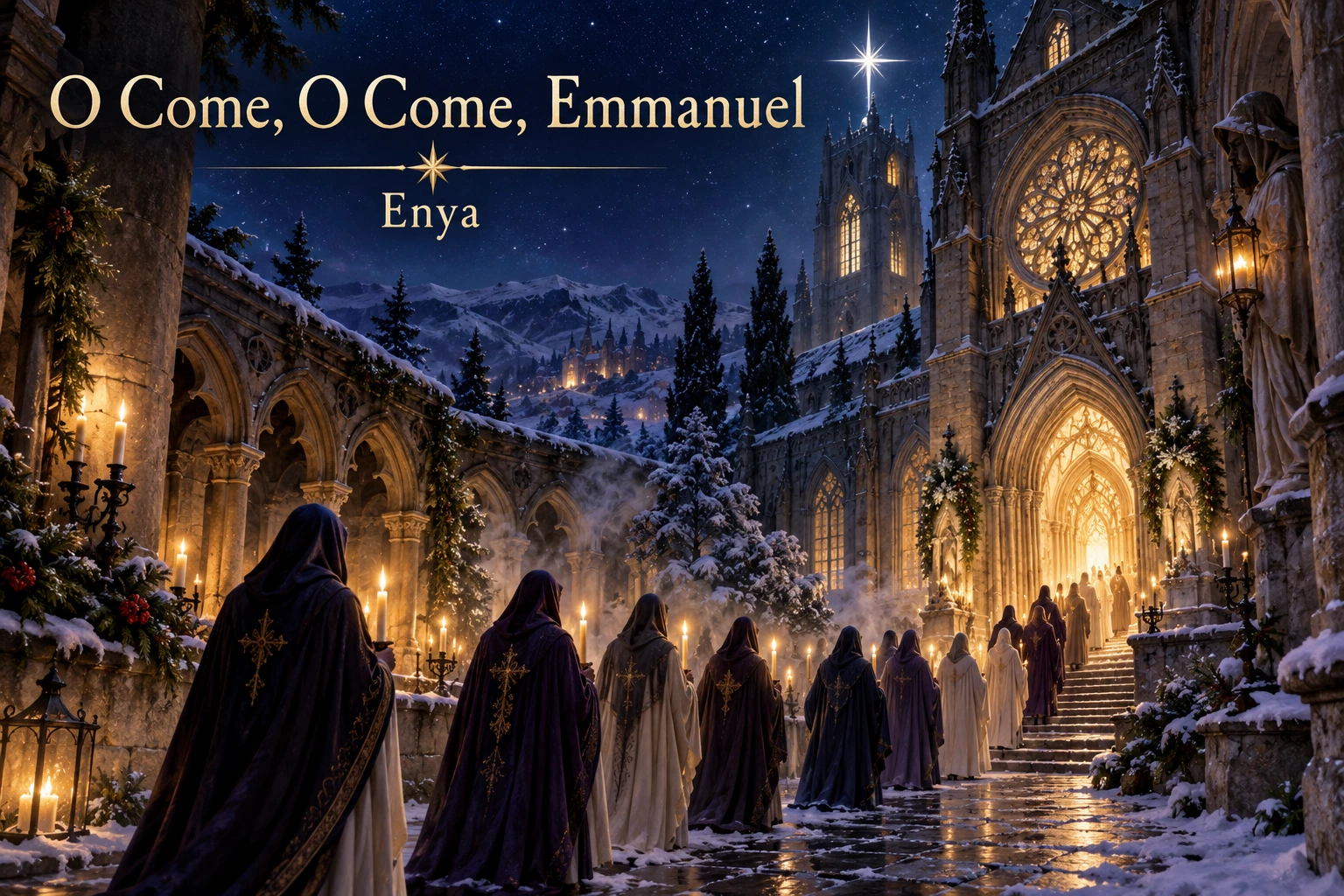 O Come, O Come, Emmanuel: candlelit Advent procession enters a cathedral beneath the Christmas star.
