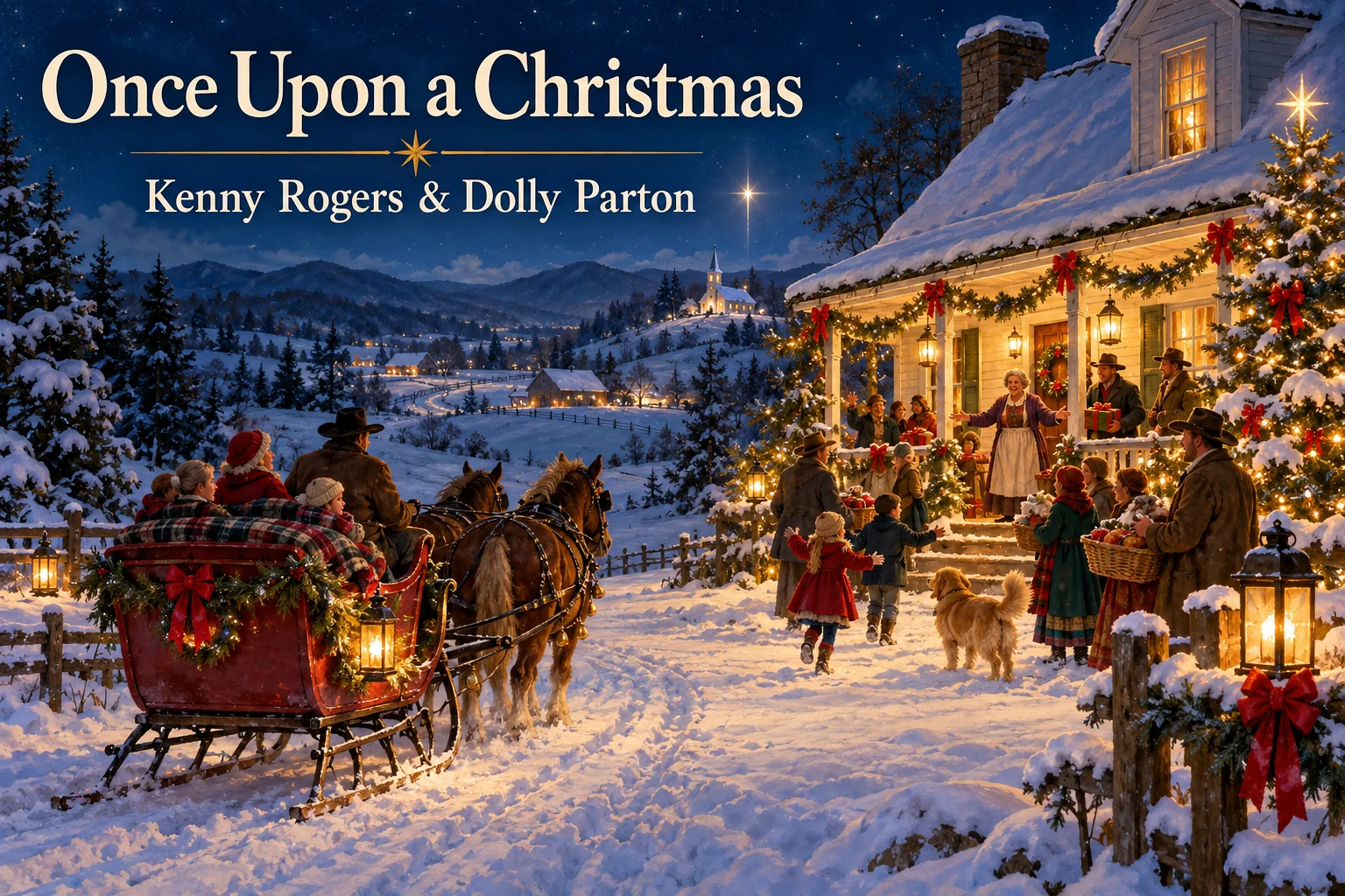 Once Upon a Christmas – neighbors welcome a horse-drawn sleigh to a glowing snowy farmhouse.