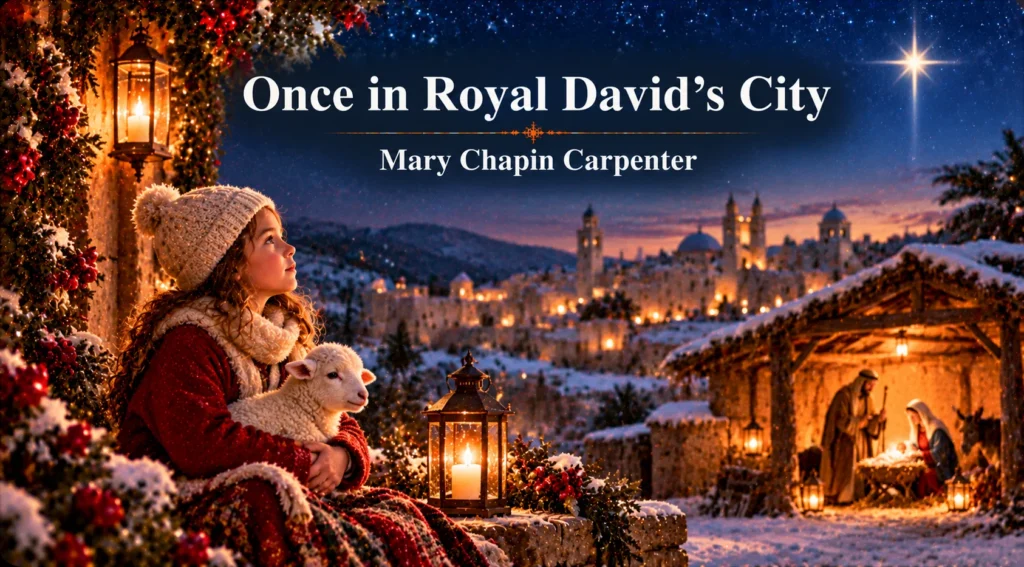 Once in Royal David’s City – child holds a lamb beside a glowing Christmas nativity scene.