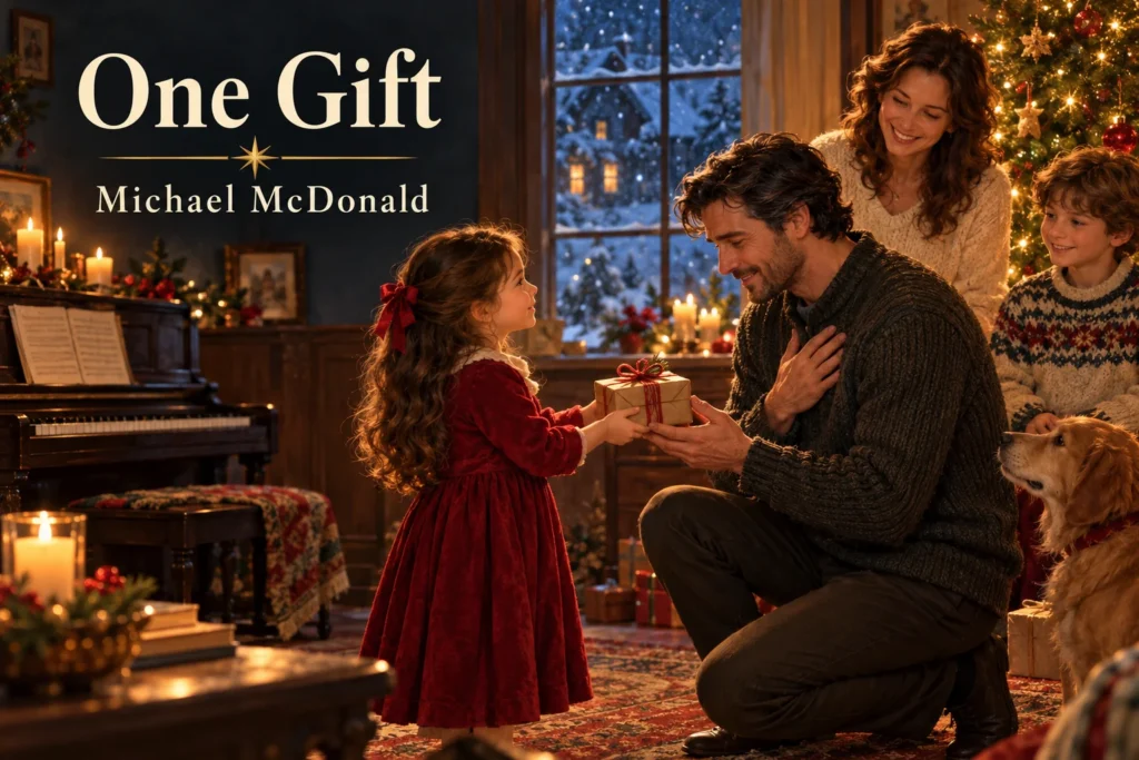 One Gift – young daughter gives her father a handmade present beside the Christmas tree.