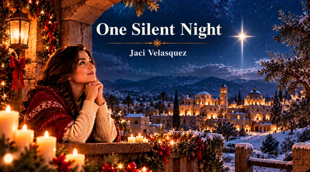 One Silent Night – woman reflects beneath a radiant Christmas star overlooking a peaceful snowy town.