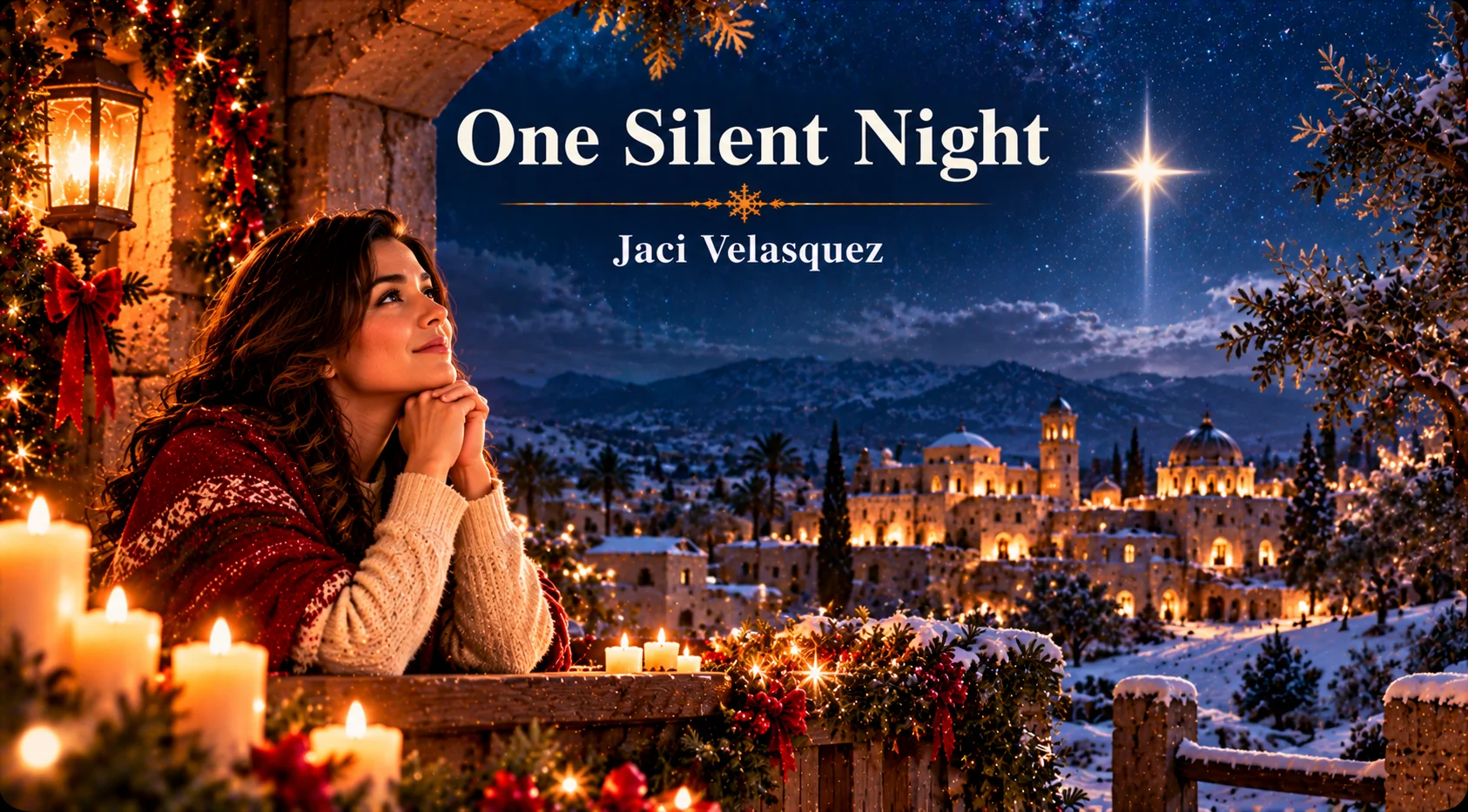 One Silent Night – woman reflects beneath a radiant Christmas star overlooking a peaceful snowy town.
