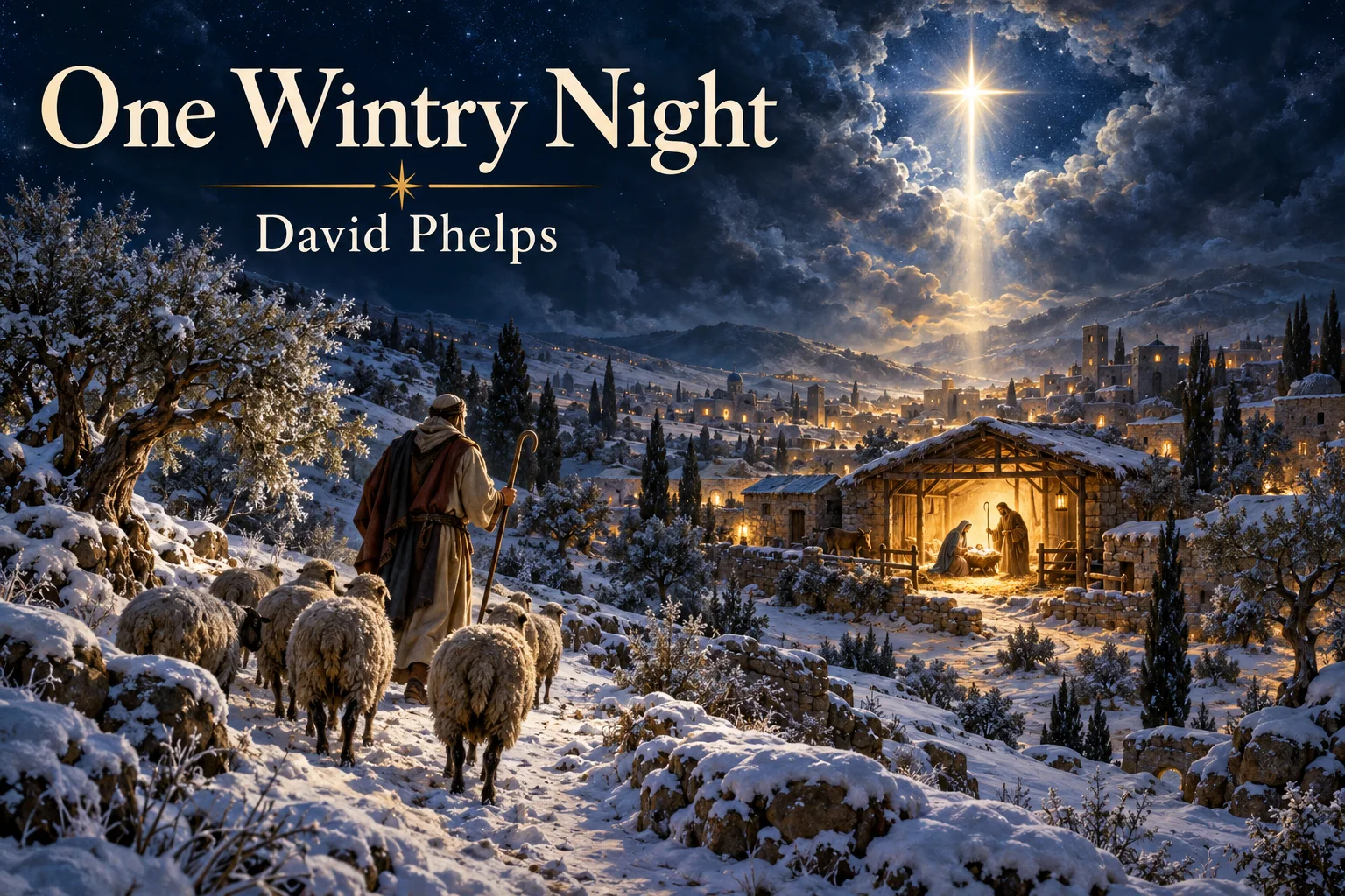 One Wintry Night – a shepherd follows the radiant star toward Bethlehem’s glowing Nativity stable.