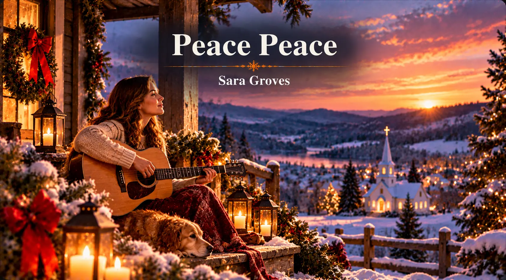 Peace Peace – woman plays guitar on a snowy porch overlooking a peaceful Christmas valley.