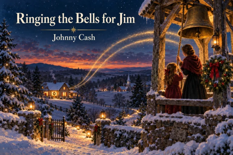 Ringing the Bells for Jim – mother and daughter ring a Christmas bell toward a farmhouse.