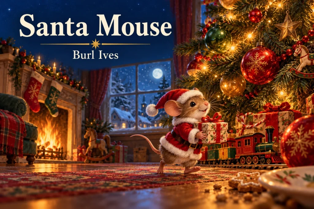 Santa Mouse: tiny mouse carries a Christmas gift beneath a glowing tree.