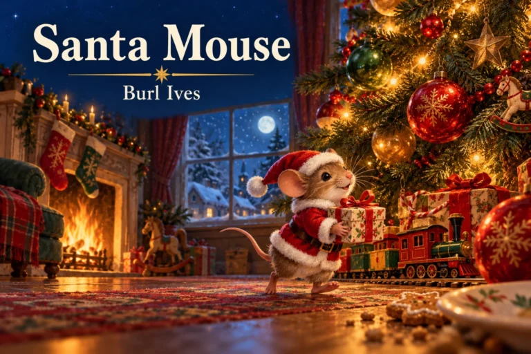 Santa Mouse: tiny mouse carries a Christmas gift beneath a glowing tree.