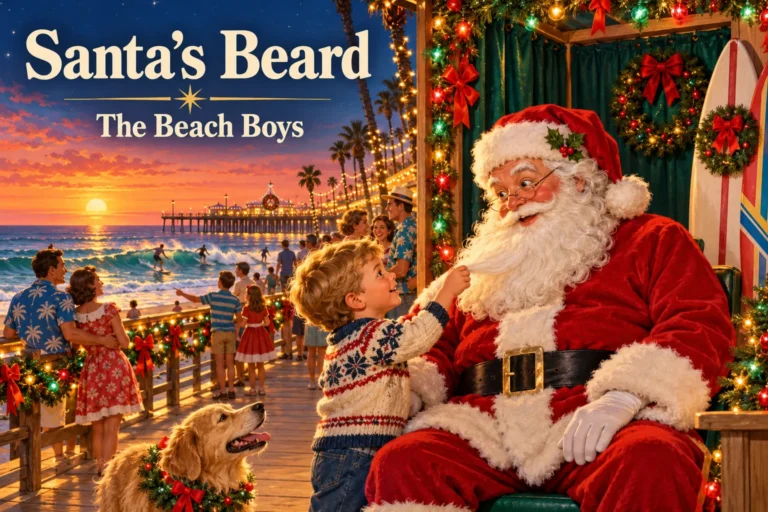 Santa's Beard – curious boy tugs Santa's whiskers on a festive seaside boardwalk.