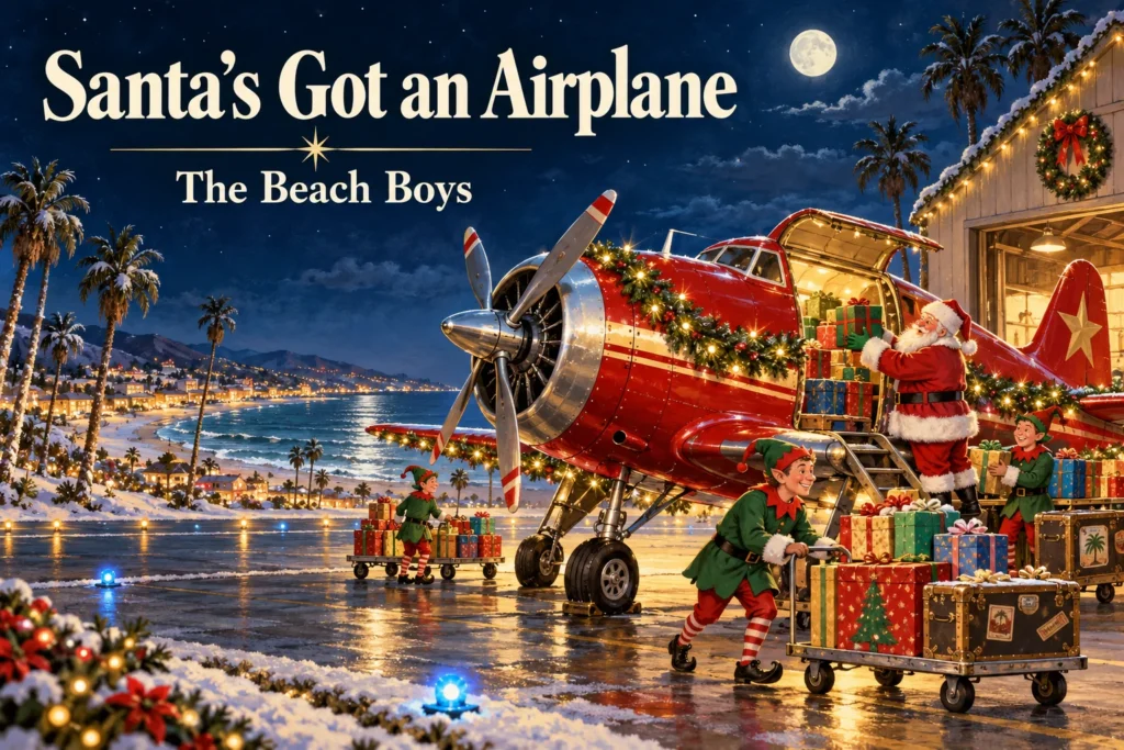 Santa's Got an Airplane – Santa loads gifts onto a festive red airplane.