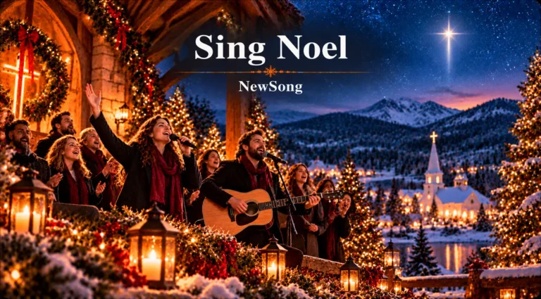 Sing Noel – joyful choir and guitarist perform beneath a radiant star on Christmas night.