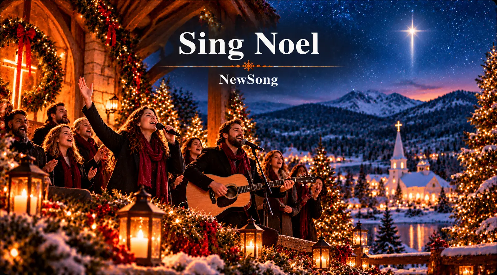 Sing Noel – joyful choir and guitarist perform beneath a radiant star on Christmas night.
