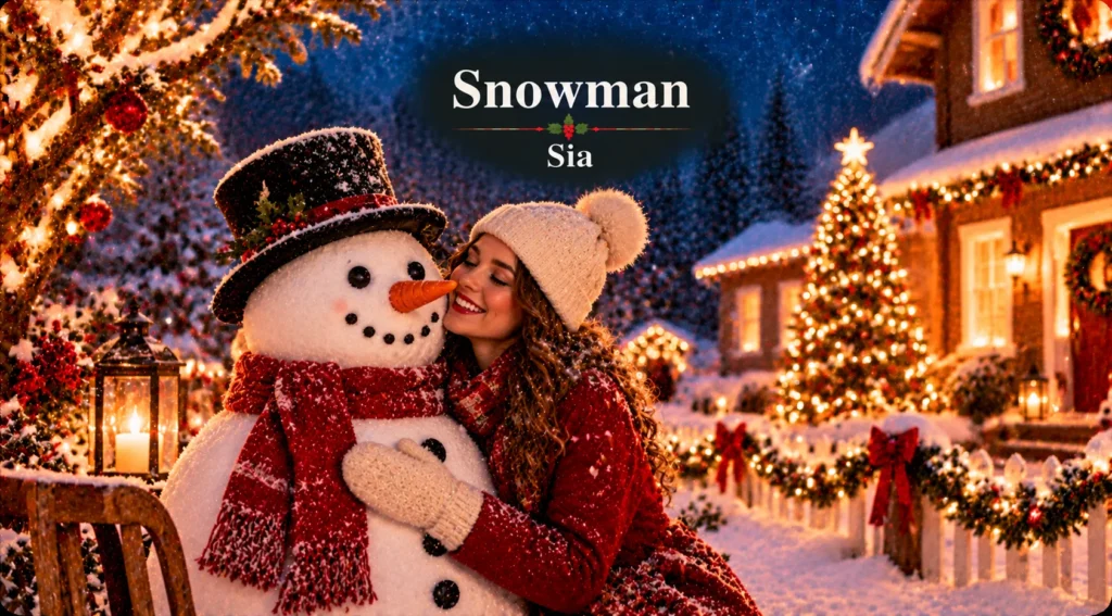 Snowman – woman hugs a cheerful snowman beside a glowing Christmas tree on a snowy night.