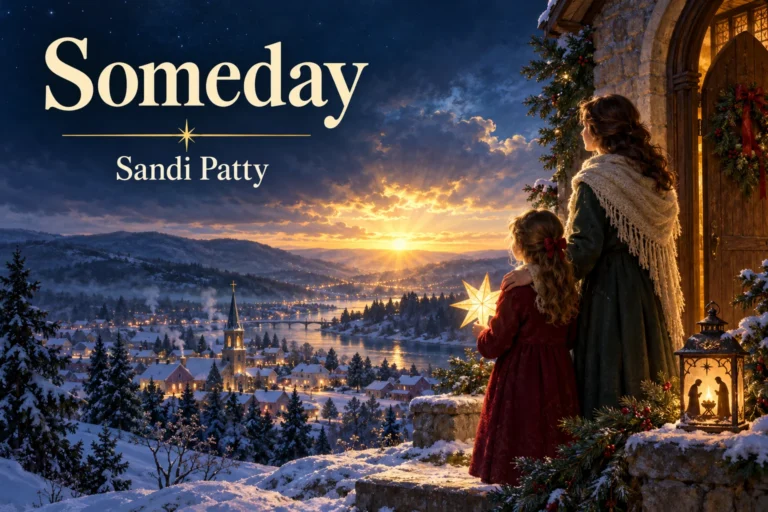 Someday – woman and child watch Christmas dawn illuminate a snowy town.