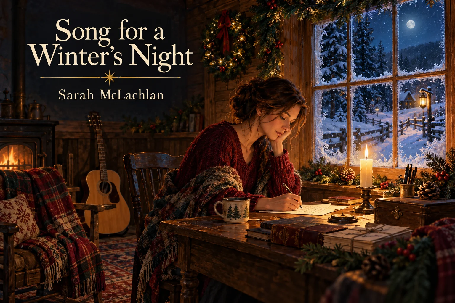 Song for a Winter's Night – woman writes a letter beside a snowy moonlit window.