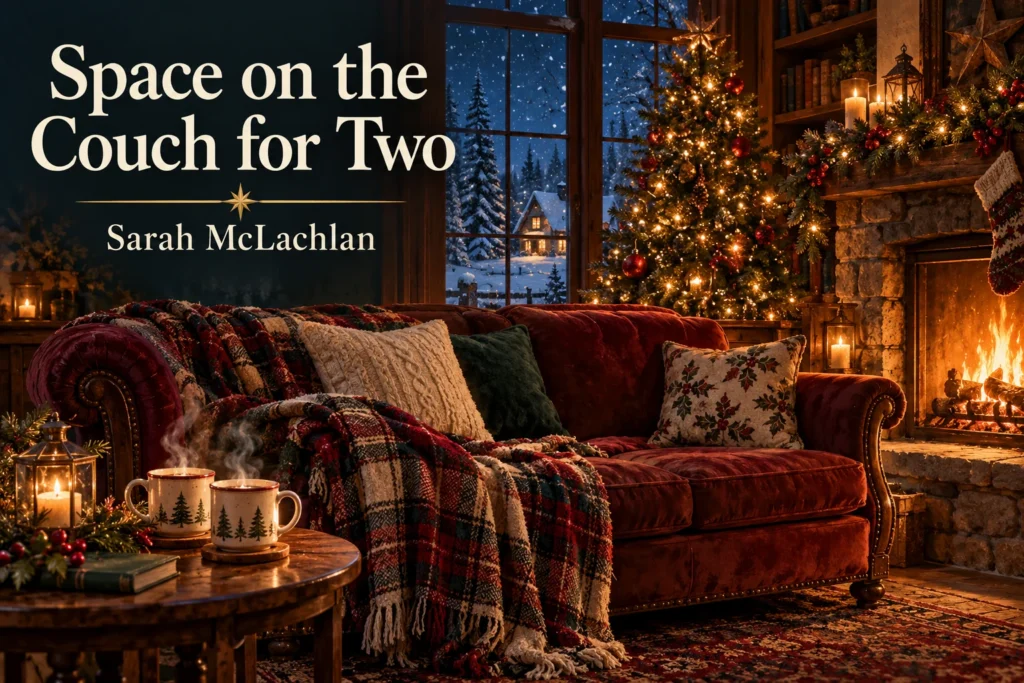 Space on the Couch for Two – cozy Christmas sofa awaits beside a glowing fireplace.
