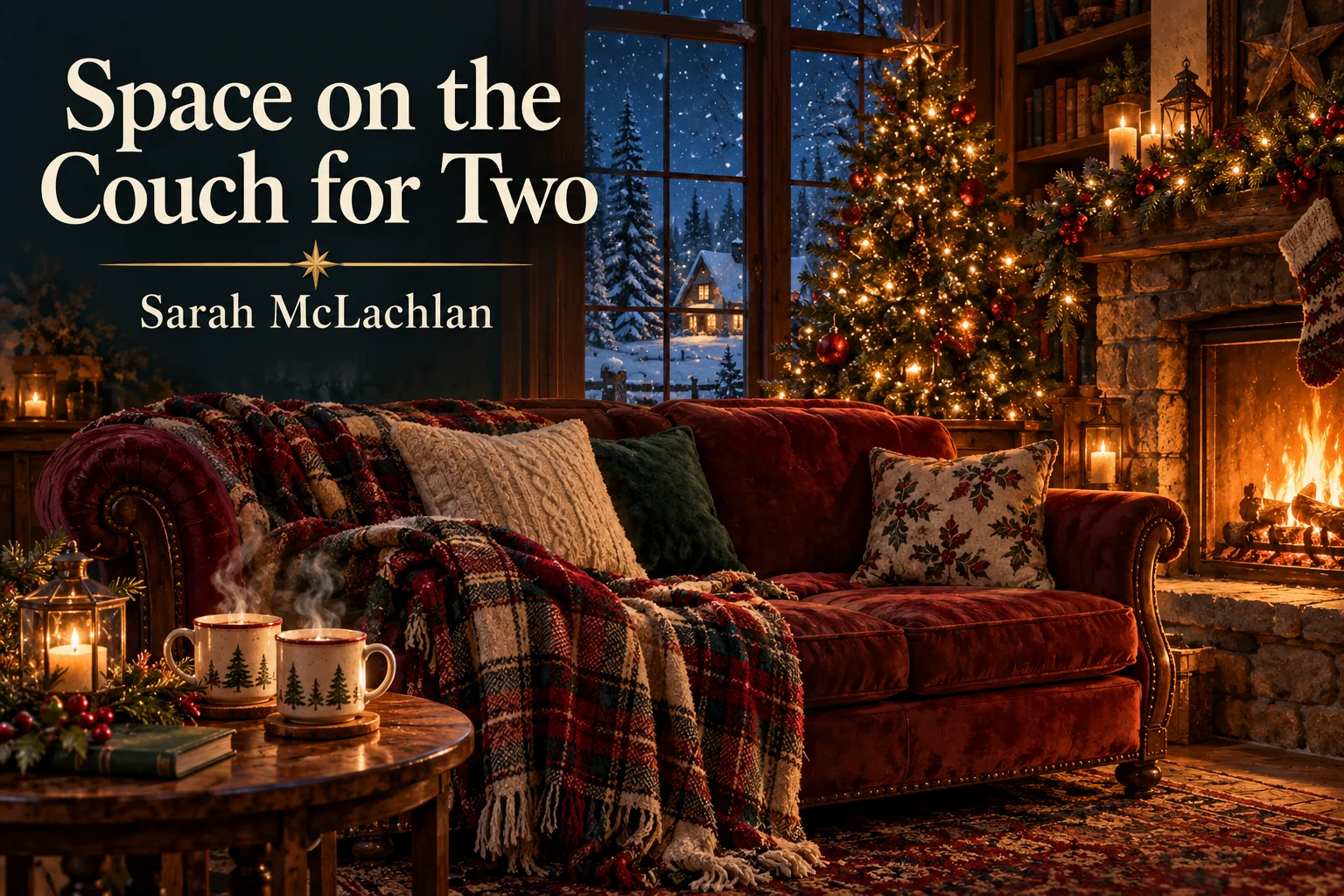 Space on the Couch for Two – cozy Christmas sofa awaits beside a glowing fireplace.